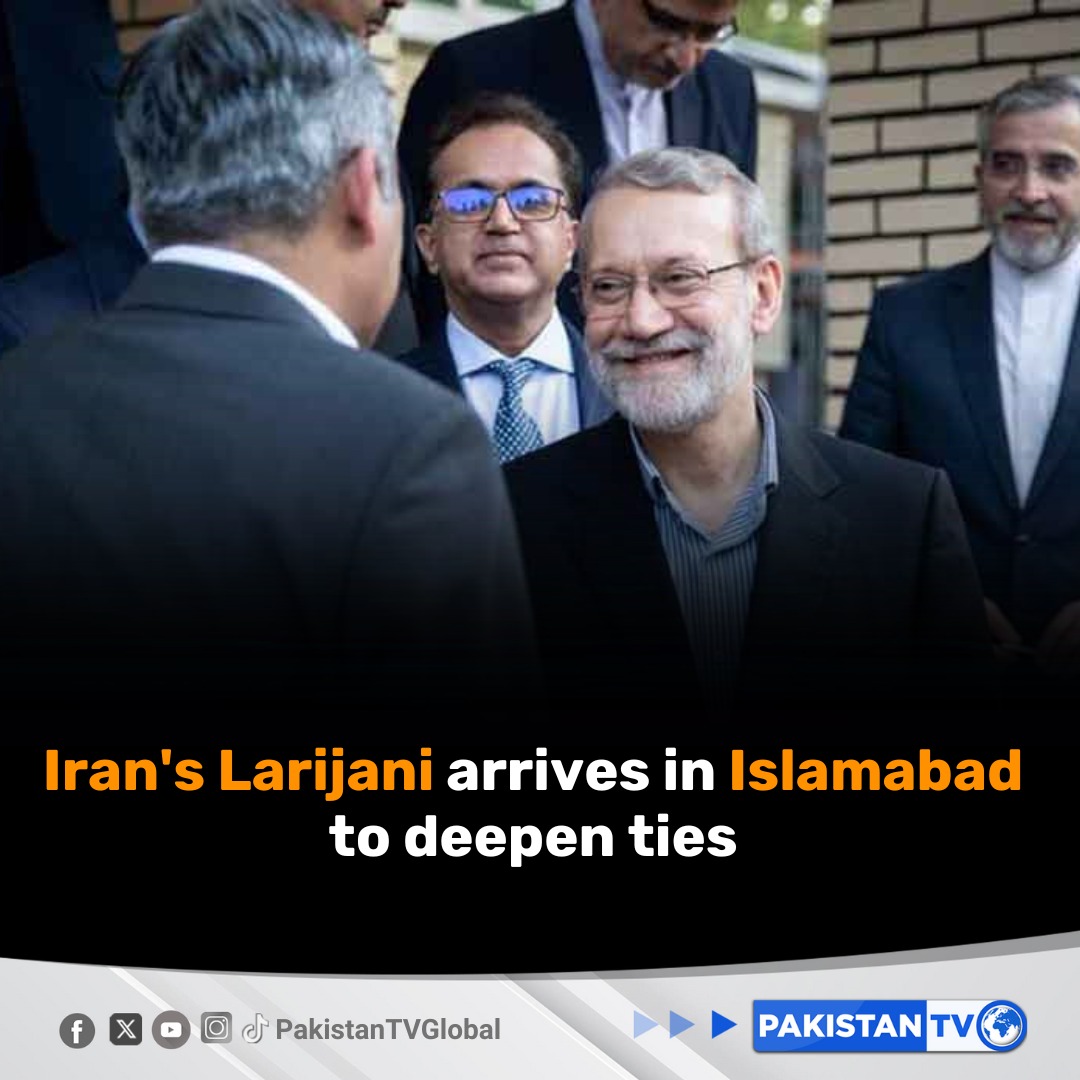 PakTVGlobal's tweet photo. Secretary of Iran's Supreme National Security Council #SNSC Ali Larijani arrived in #Islamabad on Monday as part of a broader push by #Tehran and Islamabad to consolidate political, security and economic cooperation amid shifting regional geopolitics.
#PakistanTV #PakistanTVglobal