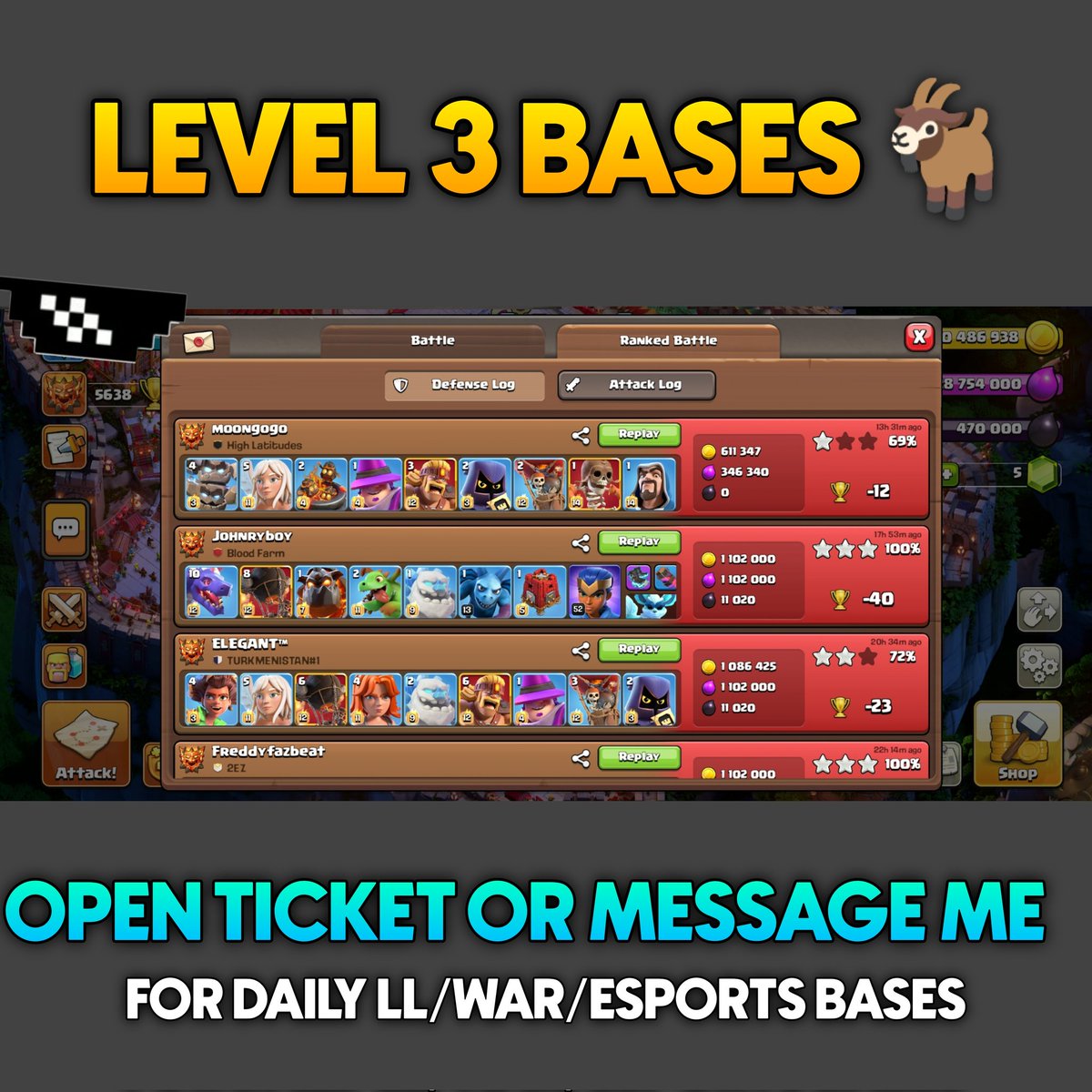 Custom Level Membership Bases Cooking 👨‍🍳 Join Level 3 Membership Here &amp; Get Daily Ranked Mode, War &amp; Esports Best Bases.
youtube.com/channel/UCe43_…

Or Open Ticket on Discord Server -
discord.gg/yh5skEeH6Z

Instagram-
instagram.com/cocdemons?igsh…