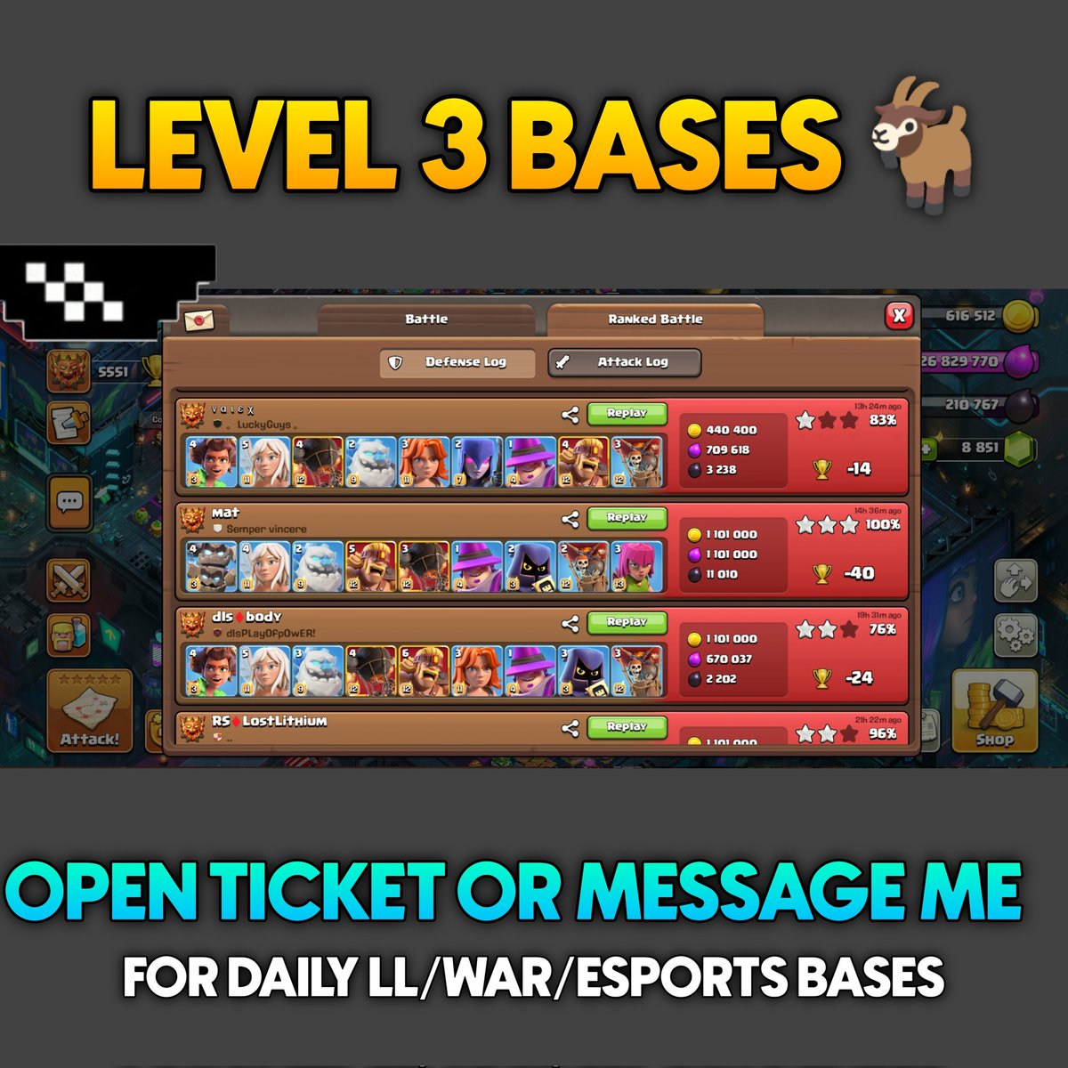 Custom Level Membership Bases Cooking 👨‍🍳 Join Level 3 Membership Here &amp; Get Daily Ranked Mode, War &amp; Esports Best Bases.
youtube.com/channel/UCe43_…

Or Open Ticket on Discord Server -
discord.gg/yh5skEeH6Z

Instagram-
instagram.com/cocdemons?igsh…