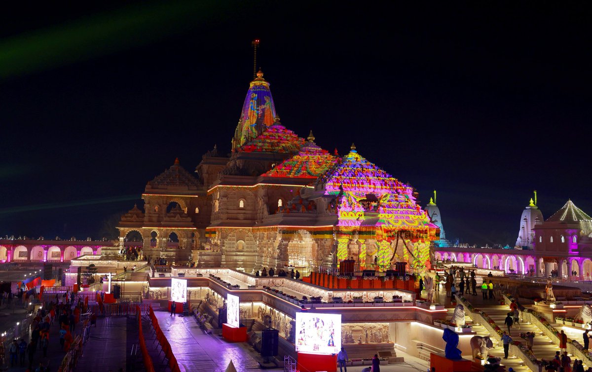 AkashvaniAIR's tweet photo. The Shri Ram Janmabhoomi Mandir glowed in a stunning display of light last night, as Ayodhya prepares for today’s auspicious Dhwajarohan Utsav.
Hon'ble PM Shri @narendramodi will grace the sacred occasion, marking a moment of profound cultural and spiritual significance. 

#RamJanmabhoomi #DhwajarohanUtsav #Ayodhya

@ShriRamTeerth @MinOfCultureGoI
@MIB_India