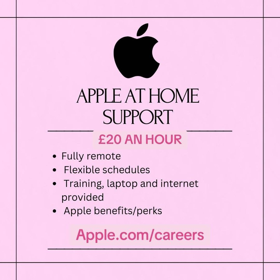 FellMentKE's tweet image. 9. APPLE AT HOME SUPPORT

£20 AN HOUR

• Fully remote
• Flexible schedules
• Training, laptop, and internet provided
• Apple benefits/perks