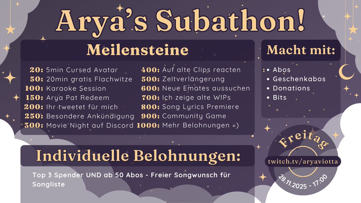 aryaviotta's tweet image. 🌹ELLU!🌹

Am Freitag findet der Jahrestag von meinem ersten VTuber Debüt statt! Es ist schon 5 Jahre her, seit ich das hier mache... das möchte ich gerne mit euch feiern!

Also mache ich einen kleinen Subathon! Hier ist eine Übersicht der möglichen Rewards! (1/2) ...
