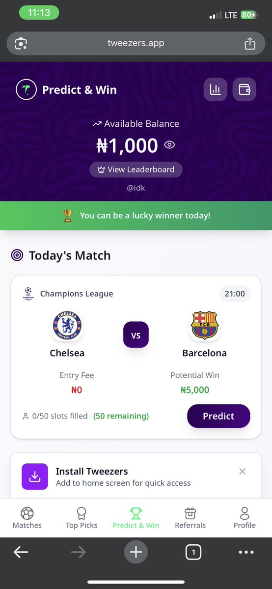 tweezersapp's tweet image. Predict for FREE now.
Long time no Predict &amp;amp; Win, so let’s run it back. Chelsea vs Barcelona is live on the app and website. Make your pick, grab your spot, and chase that ₦5,000.
Your prediction might just cook tonight.
#PredictAndWin #PredictionMarkets #predict #Barcelona…