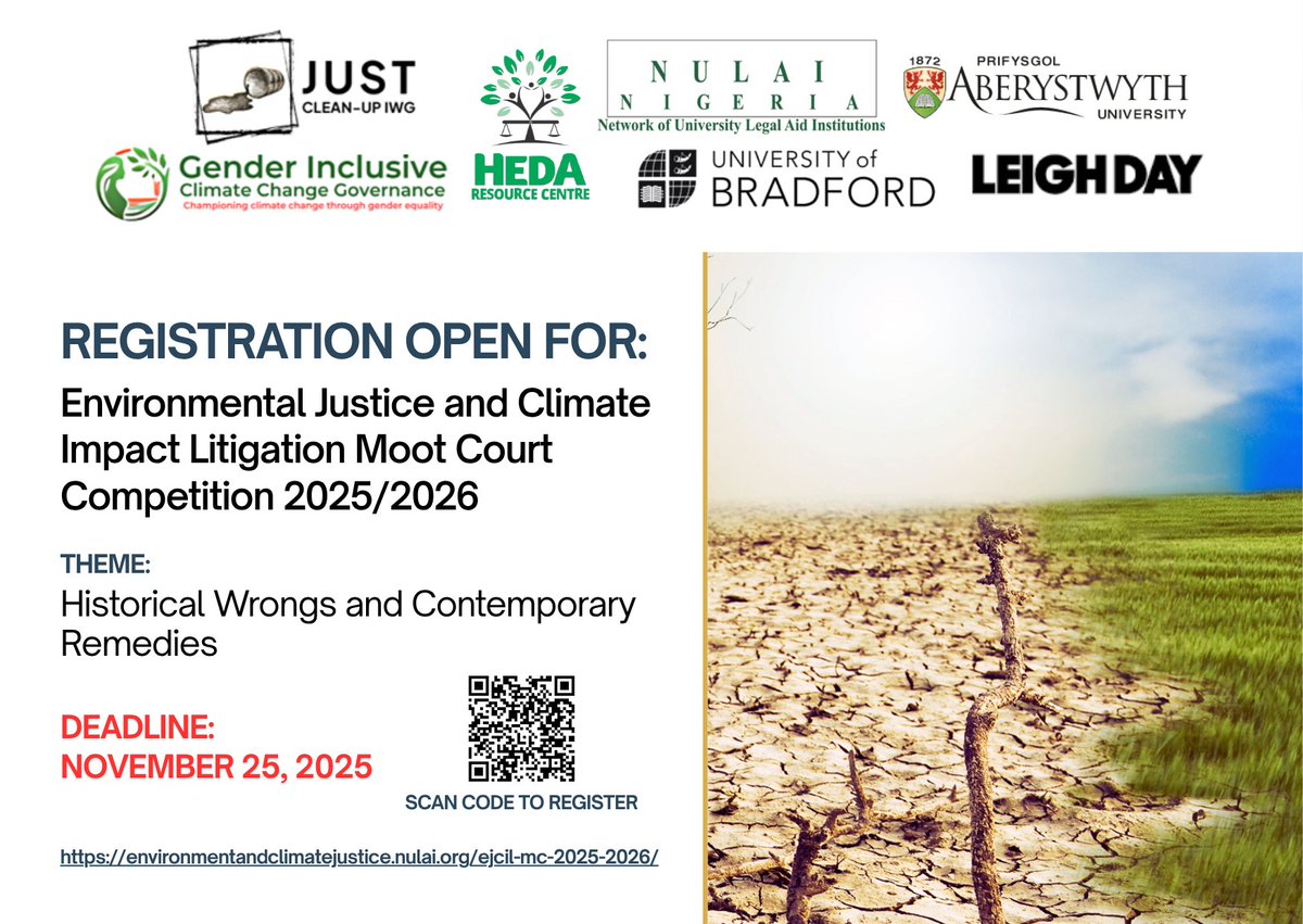 Registration closes in a few hours! Register Now!
Environmental Justice and Climate Impact Litigation Moot Court Competition - mailchi.mp/nulai/call-for…