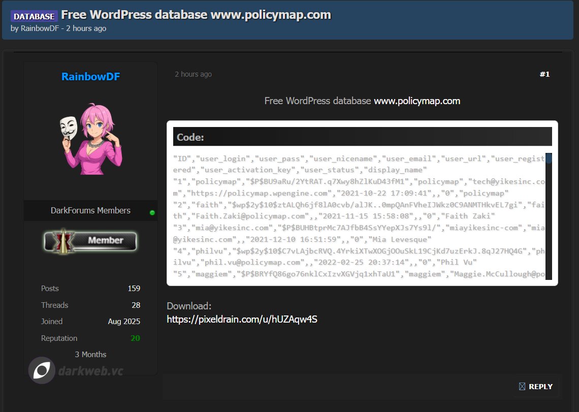 Darkweb_vc's tweet image. Time: 11/25/24
Country: USA
ID: RainbowDF
Title: Free WordPress database policymap.com
#DarkWeb #database #leak #databreach
TG：t.me/Dark_web_Vc
darkweb.vc/details/SxZGRx…