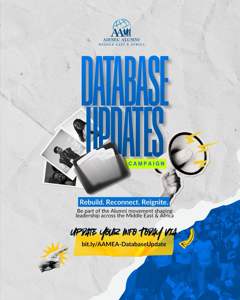 AIESEC Alumni MEA launches the Regional Database Update Campaign!

Be part of the network shaping leadership across the Middle East &amp; Africa. Update your information today and stay connected to opportunities, insights, and the community.

👉 Register here: bit.ly/AAMEA-Database…
