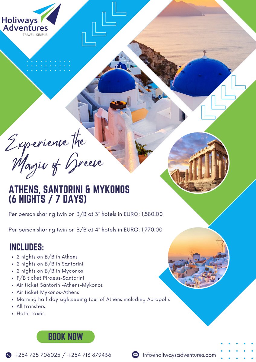 HoliwaysA's tweet photo. GREECE PACKAGE 

Experience the Magic of Greece — from Athens' ancient wonders to Santorini sunsets and Mykonos charm. Your dream getaway starts here! ✈️💙🏛️
#GreeceTravel #SantoriniViews #MykonosLife #AthensTour #TravelDealsKE https://t.co/lvgg0tx1lK