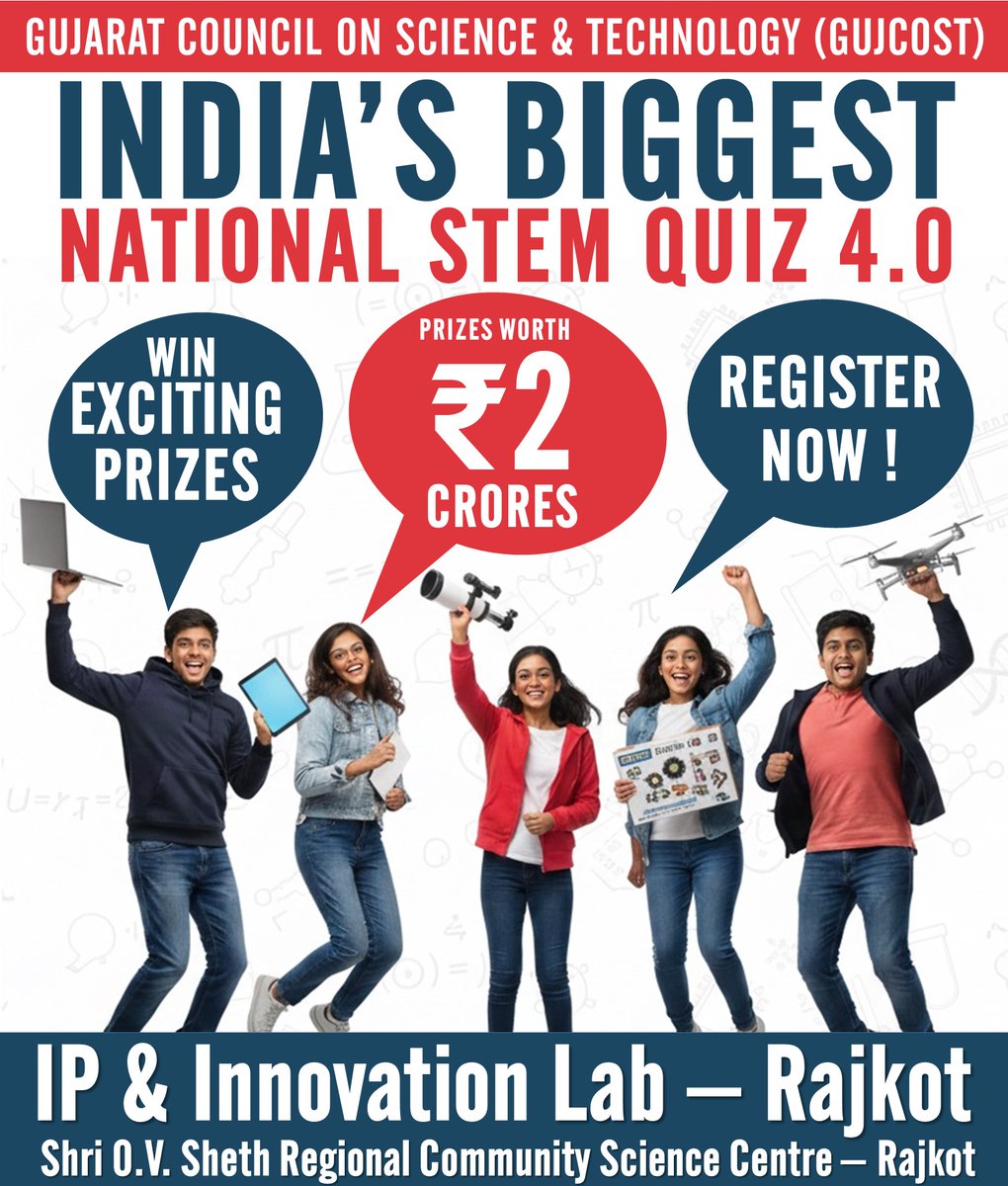 IPLab_Rajkot's tweet image. From classroom #Curiosity to #National #Excellence!

#NationalSTEMQuiz 4.0 by @InfoGujcost invites Students of Classes 9–12 to #Compete, #Learn, #WinPrizes worth ₹2 crores and visits to #India’s top #Science #Research institutes.

Big #Rewards. Bigger Experiences.

#RegisterNow!
