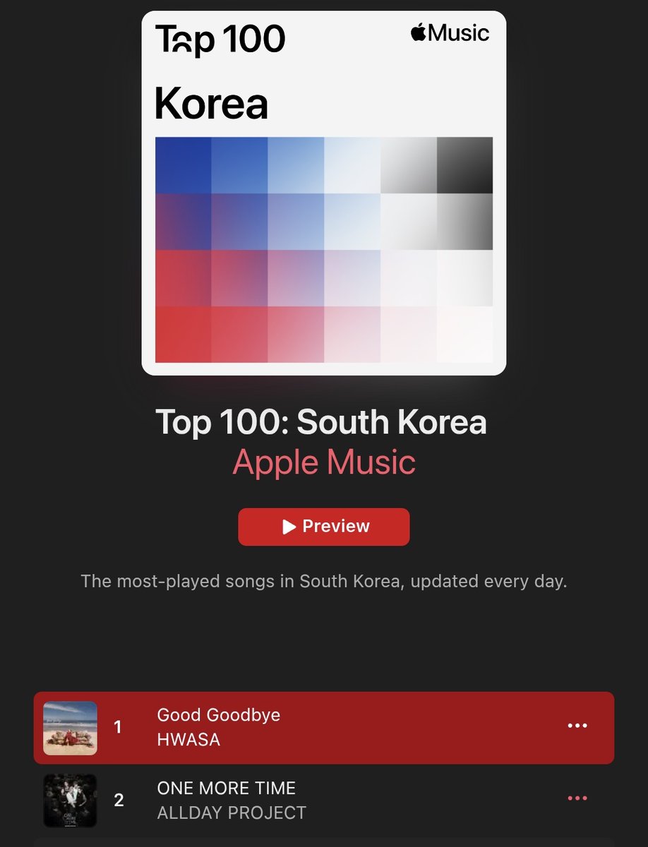 hwasacharts's tweet image. #HWASA&apos;s “Good Goodbye” rises to #1 (+1) on Apple Music Daily Top 100 Songs Korea,  November 24th, 2025!