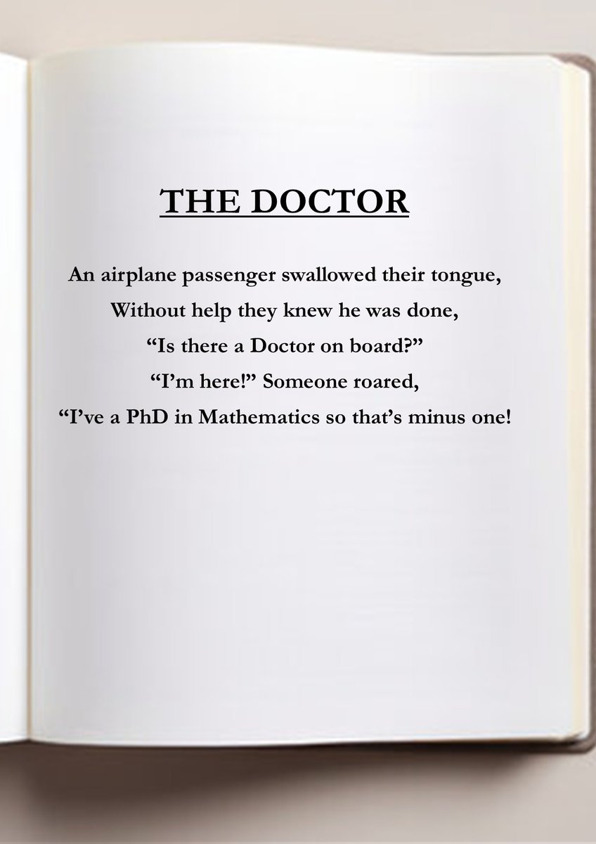 The_JCJones's tweet image. THE DOCTOR
#poem #limerick #funny #spokenword #spokenpoetry #spokenwordpoetry #poems  #reallife #book #comedy #humor #humour #fypシ゚viralシ #fyp #foryoupagereels #foryouシ #jokes #jokeofday #poetry #poetrycommunity #poetrylover #doctor #airplane #PhD #phdlife #maths #mathematics