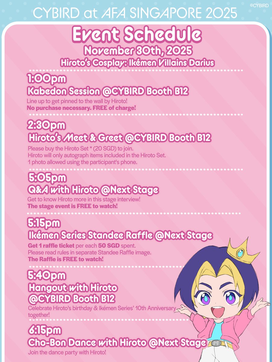 1️⃣Day Left Until #AFASG25!

Have you seen our Schedule yet?👀
Come &amp; meet <a href="/hiroto_cos/">倉増ひろと(Hiroto Kuramasu)</a>, get an otome experience, party with us, buy merch, and more!❤️‍🔥

See you soon✨

📍11/28-30
CYBIRD Booth B12
Suntec Convention &amp; Exhibition Centre
Singapore

#cybird 
#otome
<a href="/animefestasia/">Anime Festival Asia (AFA)</a>