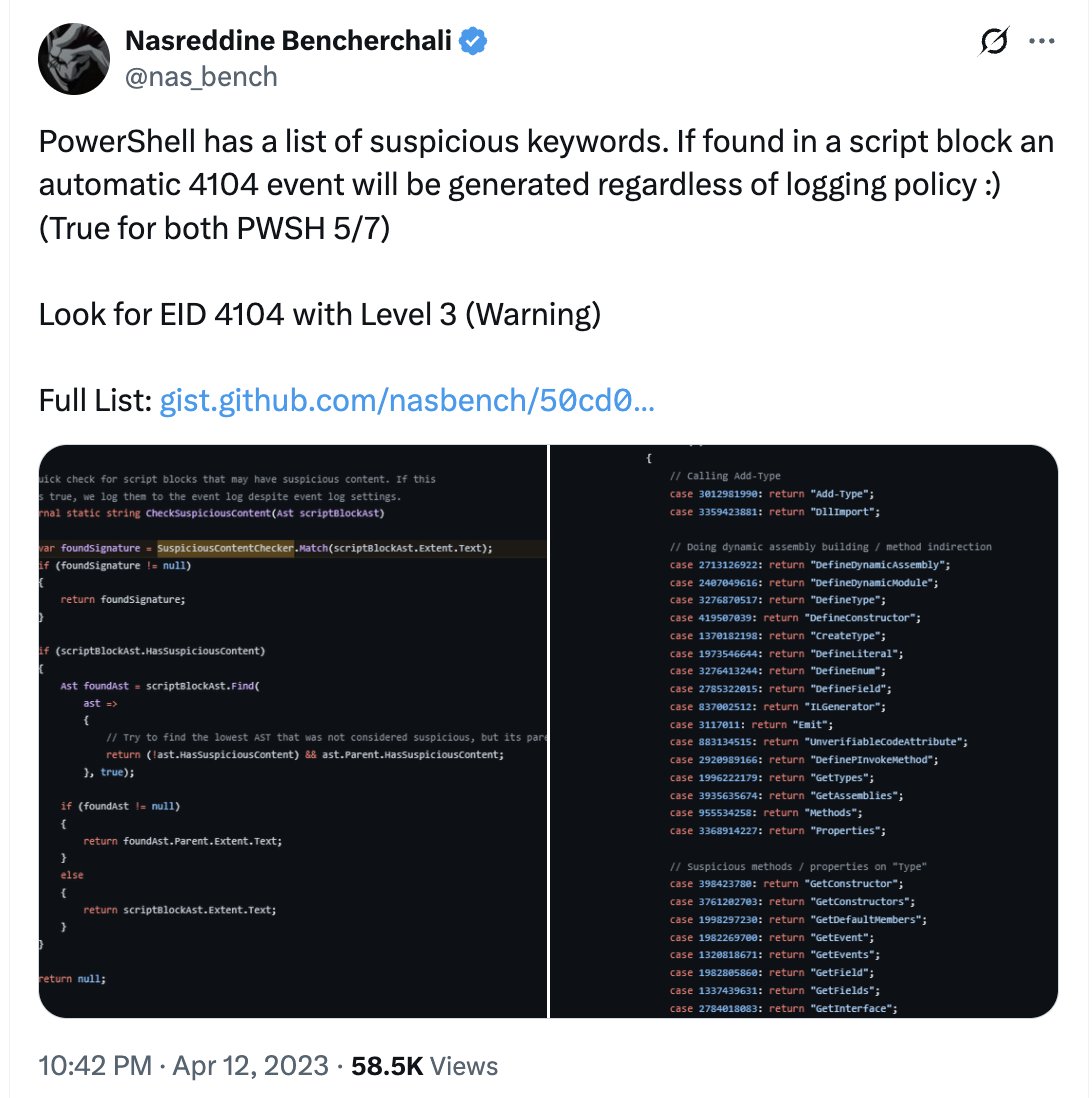 malmoeb's tweet image. I was reading an older report from CrowdStrike the other day:

&quot;CrowdStrike was able to reconstruct the PowerShell script from the PowerShell Operational event log as the script’s execution was logged automatically due to the use of specific keywords.&quot; [1]

Which reminded me of…