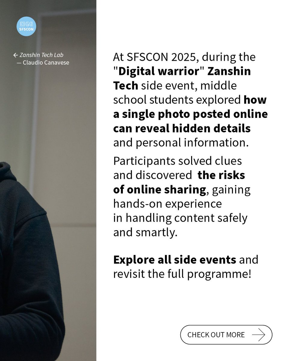 SFScon's tweet image. 🖥️🥋 What happened at SFSCON 2025 | Zanshin Tech Digital Warrior

As a Side Event of #SFSCON25,  @ZanshinTech hosted an interactive session for students aged 10-13 to uncover how much information a single photo can reveal when posted online.

👉 sfscon.it/programs/2025/