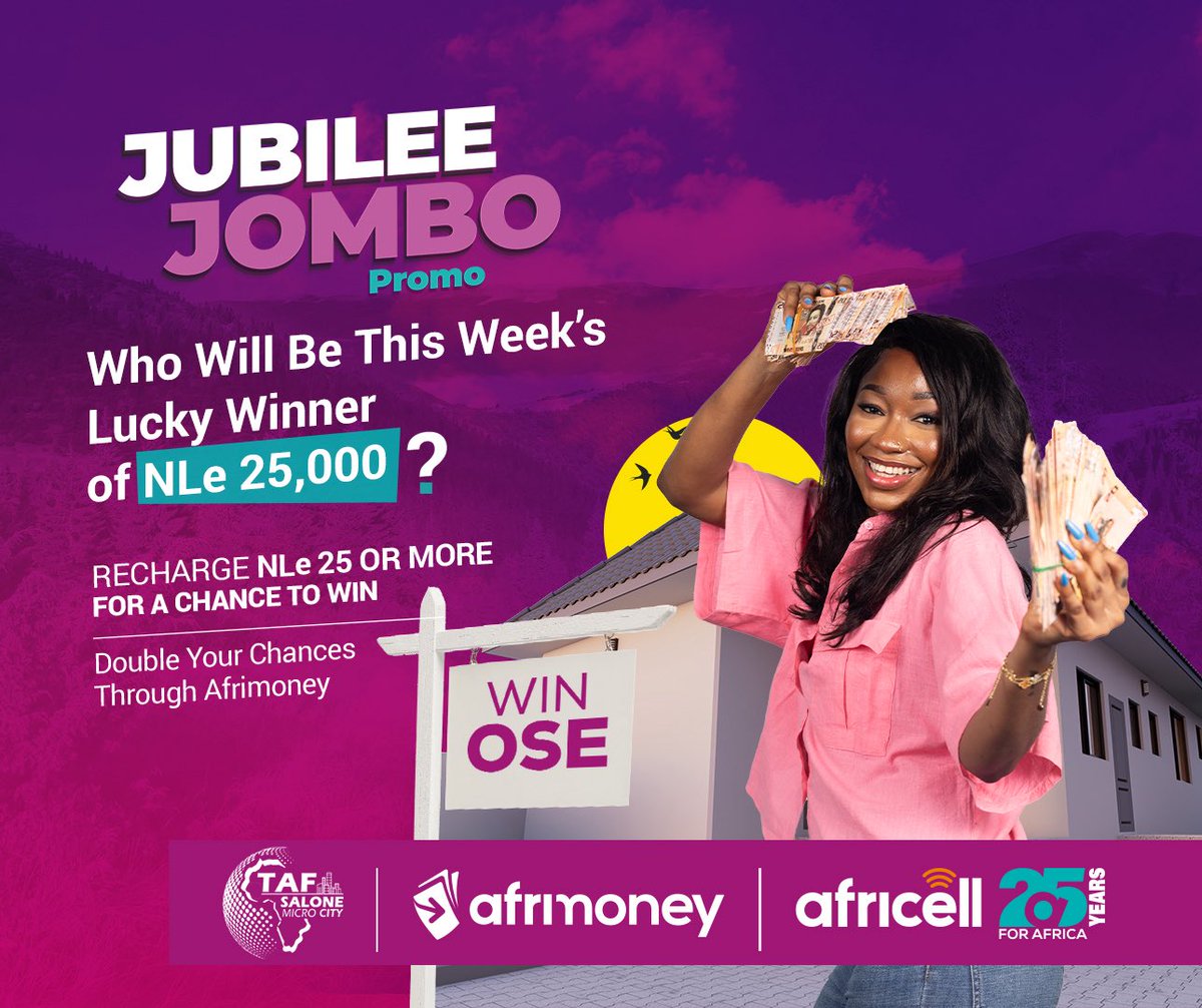 A whooping NLe25,000 (25 Million Old Leones)💰is up for grab in this week’s Jubilee Jumbo Promo🤩.

So far, 30 winners have WON different prizes. Do you want to be the next lucky winner❓Simply recharge NLe25 or more within the week to qualify for the draw😉. 

Use #Afrimoney📲