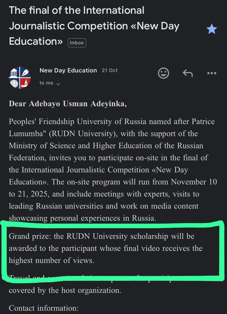 Please help me win a scholarship

I’m currently participating in the International Journalistic Competition organized by RUDN University and the grand prize goes to the participant whose video gets the highest views.

Please help me like, repost, and quote my video below🙏