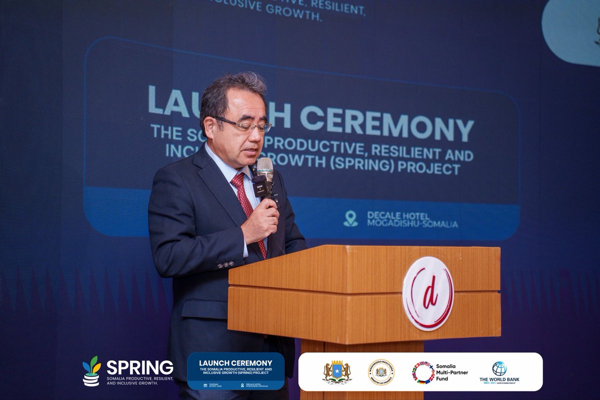 SPRING_MOF_SOM's tweet image. Mr. Hideki Matsunaga, World Bank Country Manager for Somalia, highlights key achievements under the Scaled-Up Project, including laws and reforms, progress on national ID enrollment, upgrades to the national payment system, establishment of data protection agency. #SPRINGProject