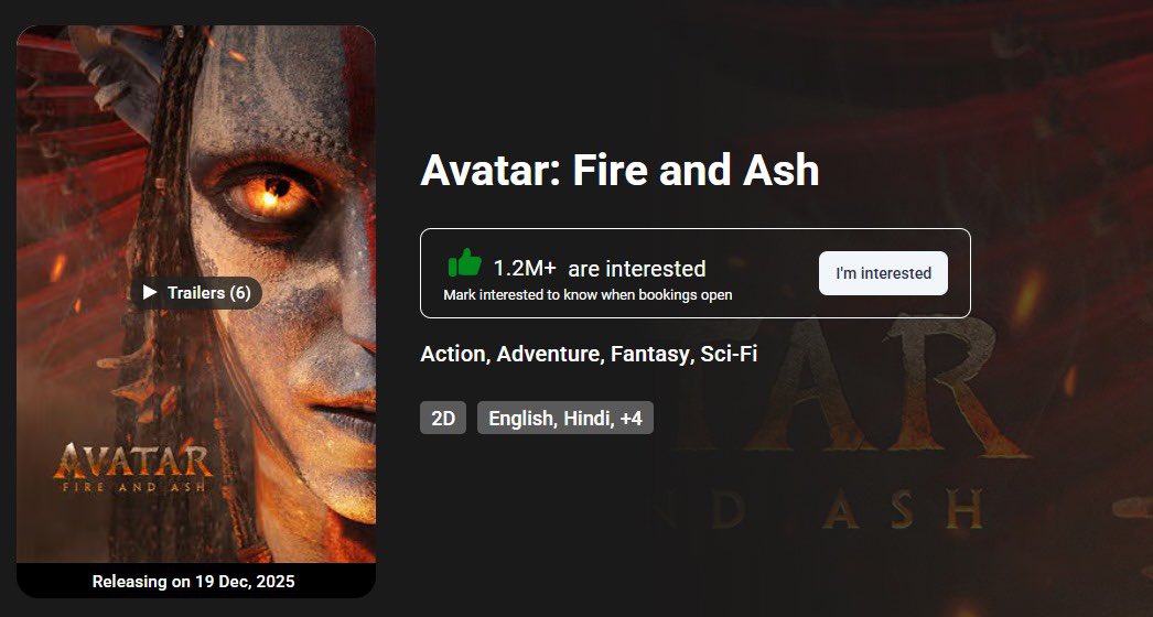 taran_adarsh's tweet image. &apos;AVATAR: FIRE AND ASH&apos;
*PRE-RELEASE* CRAZE SKYROCKETS AS OVER 1.2 MILLION INDIANS EXPRESS INTEREST ON BMS... The anticipation for #Avatar: #FireandAsh, the highly awaited third installment in #JamesCameron&apos;s iconic franchise, is scaling new heights in #India.

With less than a…