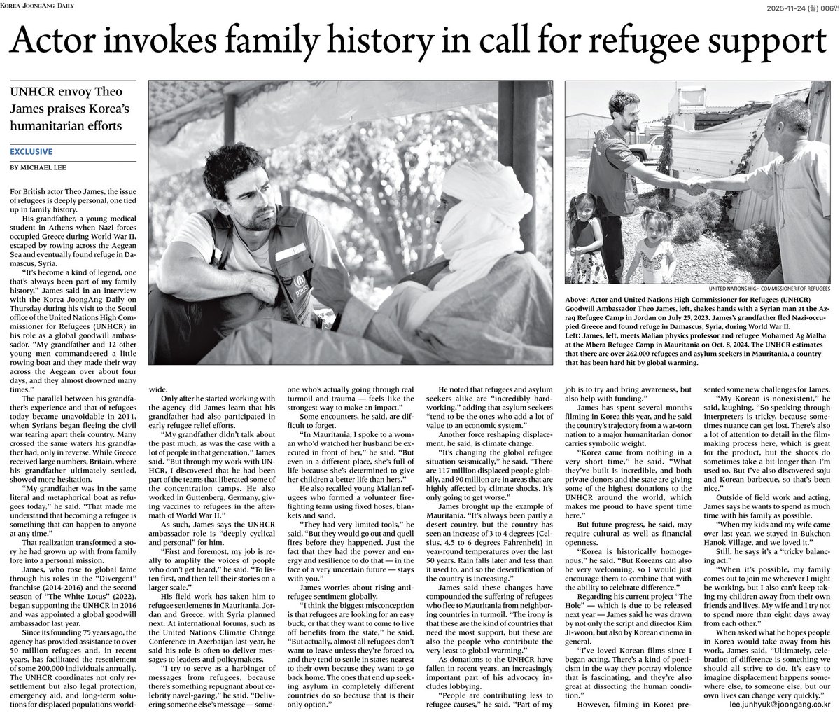 “강제실향은 누구에게나, 언제든 일어날 수 있습니다.”
유엔난민기구 글로벌 친선대사 테오 제임스(Theo James)가 한국을 찾았습니다🇰🇷 인터뷰를 통해 유엔난민기구의 보호 활동과 한국의 인도주의적 기여가 점점 더 중요해지고 있다고 강조했습니다.

koreajoongangdaily.joins.com/news/2025-11-2…