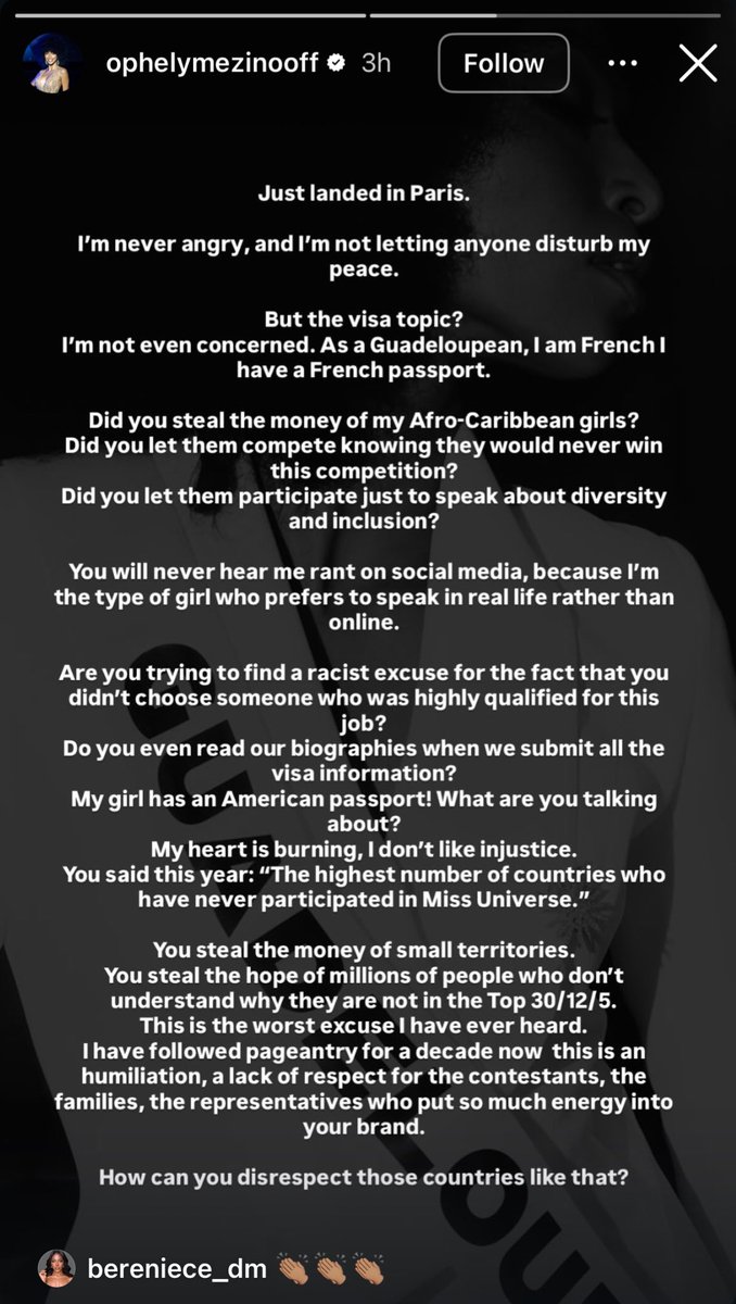 inquirerdotnet's tweet image. ‘HOW CAN YOU DISRESPECT THOSE COUNTRIES?’   

READ: Miss Guadeloupe Ophely Mezino defended Cote d’Ivoire’s Olivia Yace after Miss Universe org president Raul Rocha claimed that the latter’s “weak passport” was one of the reasons why she didn’t win the crown. 

“Are you trying to…