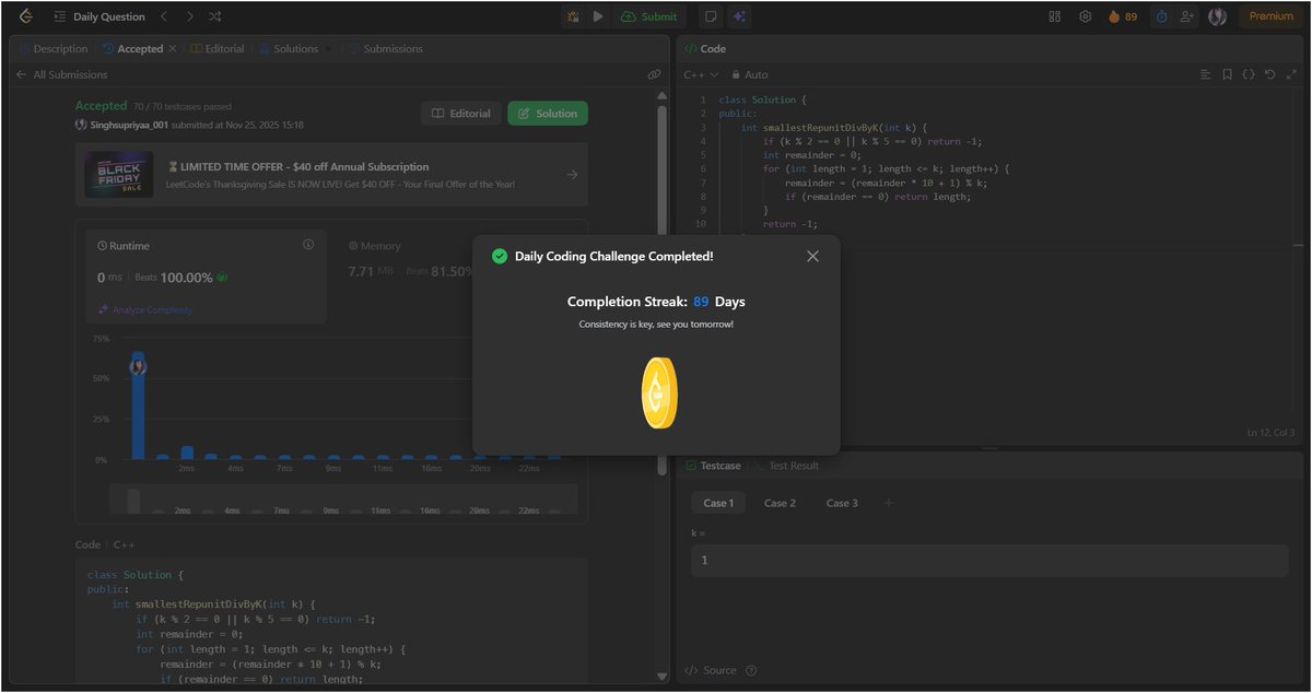 SupriyaSin17706's tweet image. 89 days. No excuses. Just code. 🔥

#LeetCode #TechLife #CodingStreak
@LeetCode