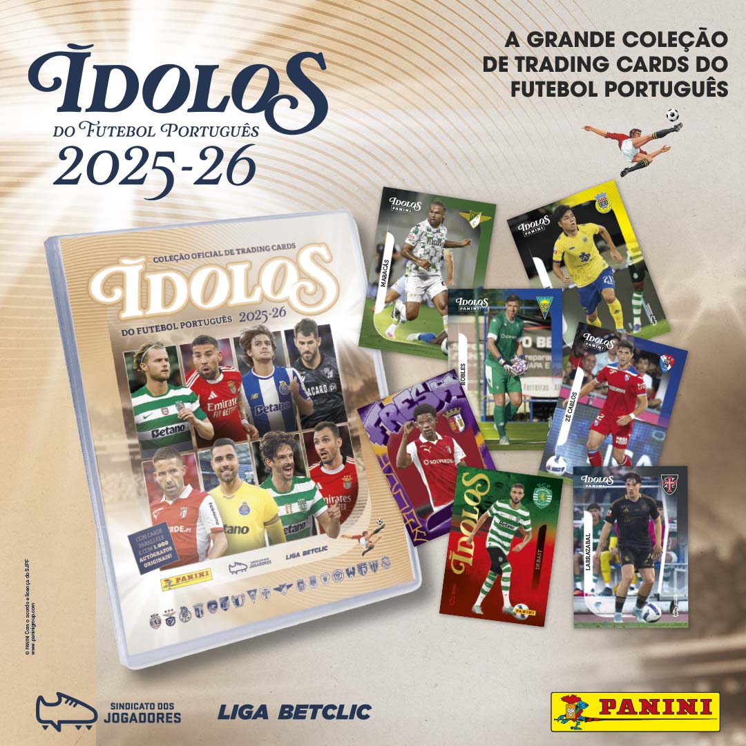A coleção ÍDOLOS do Futebol Português 20025/26, chega pela primeira vez às bancas! 
É uma coleção totalmente nova, única e espetacular; 18 equipas, series especiais, cards Parallels e Inserts, cards Autografadas, 1000 no total, e muito mais para descobrires...
Imperdível!!
