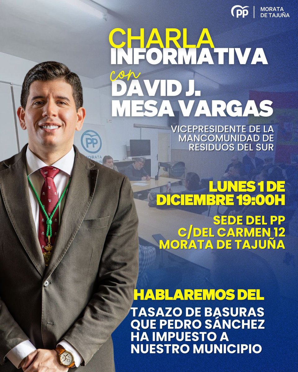 📣Lunes 1 de Diciembre 19:00H tendremos en nuestra sede una charla informativa imprescindible para nuestros vecinos.
📍 Sede del PP · C/del Carmen,12
Oportunidad para conocer la verdad sobre esta subida, resolver dudas y escuchar de primera mano a quienes gestionan este servicio.