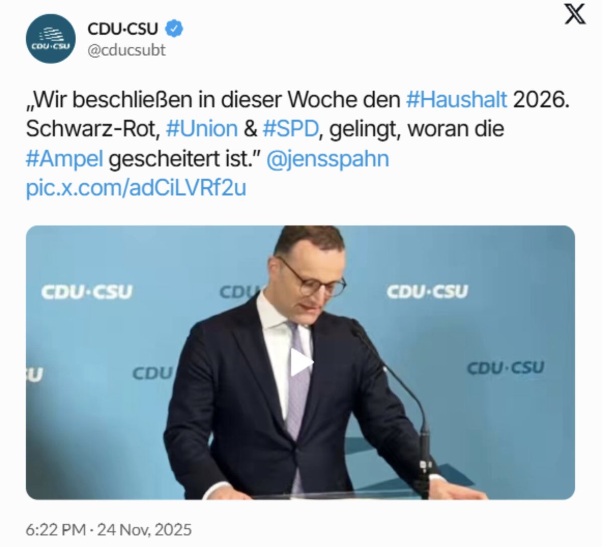 Richtigstellung:
Es gelingt der CDU nur, weil die Grünen 2025 *FÜR* das Sondervermögen gestimmt haben. Die Ampel ist am Haushalt gescheitert, weil die CDU 2024 *GEGEN* das Sondervermögen gestimmt hat. Ihr seid eine destruktive, verlogene Saubande.
