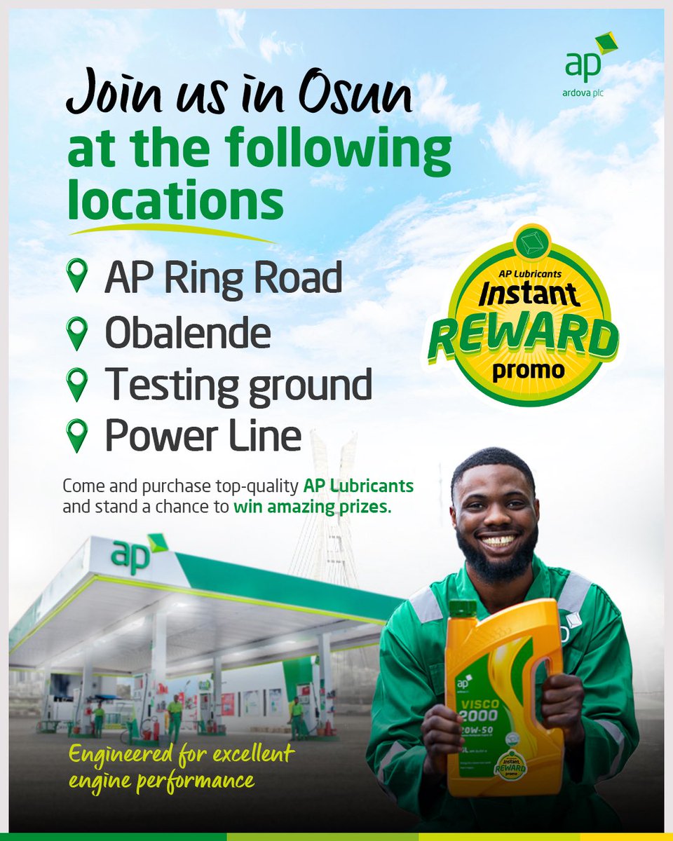 ardovaplc's tweet image. Osun, join us for Day 2 of the Visco 2000 activation at the following locations today:

AP Ring Road 
Obalende 
Testing 
Power Line

Don’t miss the opportunity to win amazing gift items!

#APLubricantScratchAndWinPromo
#Visco2000
#APLubricants
#Osun 
#RewardingEveryPurchase