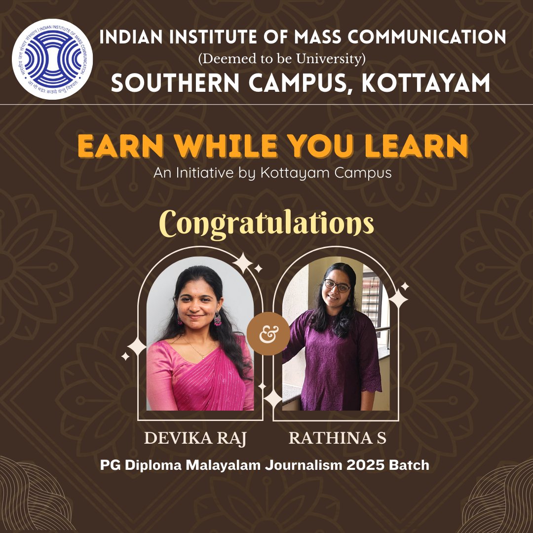 iimckottayam's tweet image. 🌟 Earn While You Learn at @iimckottayam!

Proud to launch this new initiative, with Ms. Devika Raj and Ms. Rathina S (PG Malayalam Journalism) becoming the first pioneers of the program.

#EarnWhileYouLearn #IIMCKottayam #StudentOpportunities #SkillBuilding #CampusInitiatives