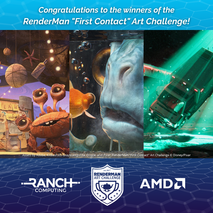 RANCHComputing's tweet image. AND THE WINNERS ARE: 
1st Felix Gourlaouen / Something&apos;s Fishy 
2nd Noémie Layre / Starry Eyed 
3rd Elio Humbert / The Patient X

Congratulations!👏👏
renderman.pixar.com/news/renderman…

#rendermanartchallenge