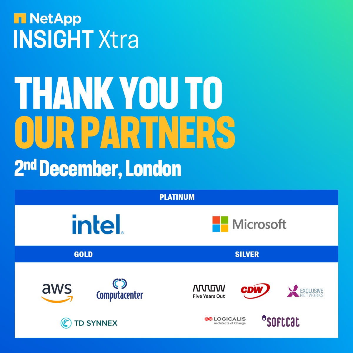 NetAppEMEA's tweet image. The best thing about #NetAppINSIGHTXtra London? The people we get to share it with, like our sponsors:

🔹 @intel
🔹 @Microsoft
🔹 @AWS
🔹 @Computacenter
🔹 @TDSYNNEX 
🔹 @ArrowGlobal
🔹 @CDWCorp
🔹 @EXN_Networks
🔹 @Logicalis
🔹 @softcat

You don&apos;t want to miss what they have to…