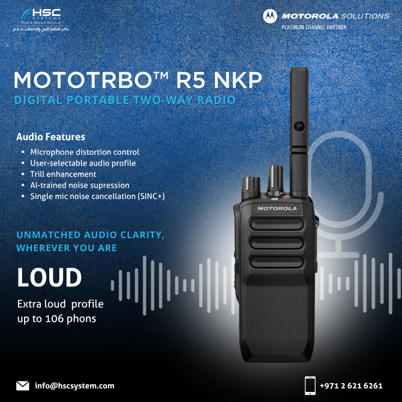 HSCSystem's tweet image. Hear the difference with MOTOTRBO R5 — advanced AI noise suppression and distortion control for crystal-clear communication.

#HSCS 
#forasaferworld #uae #abudhabi #dubai #digitaltransformation
#MotorolaSolutions #MOTOTRBO #R5Radio 
#ملتزمون_ياوطن
#نتصدر_المشهد