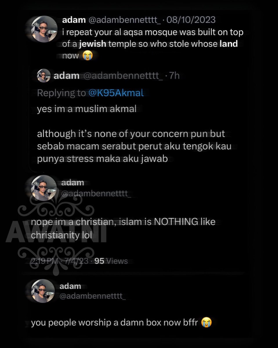 AWATNINews's tweet image. @adambennetttt_ yang berfahaman zionis, feminis, misandris, berorientasi homoseks, dan mendakwa dirinya sudah murtad itu mencetuskan kegusaran orang ramai selepas dia secara terbuka mempersendakan hukum-hakam Islam di platform Twitter.