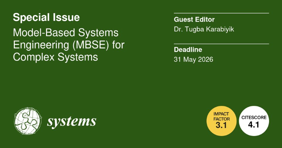 Systems_MDPI's tweet image. 📢Welcome to submit to our new Special Issue &quot;Model-Based Systems Engineering (MBSE) for Complex Systems&quot; editing by Dr. Tugba Karabiyik from @GeorgeMasonU

#modelbasedsystemsengineering #complexsystems #systemsofsystems #digitaltwin
➡️More info at: mdpi.com/journal/system…