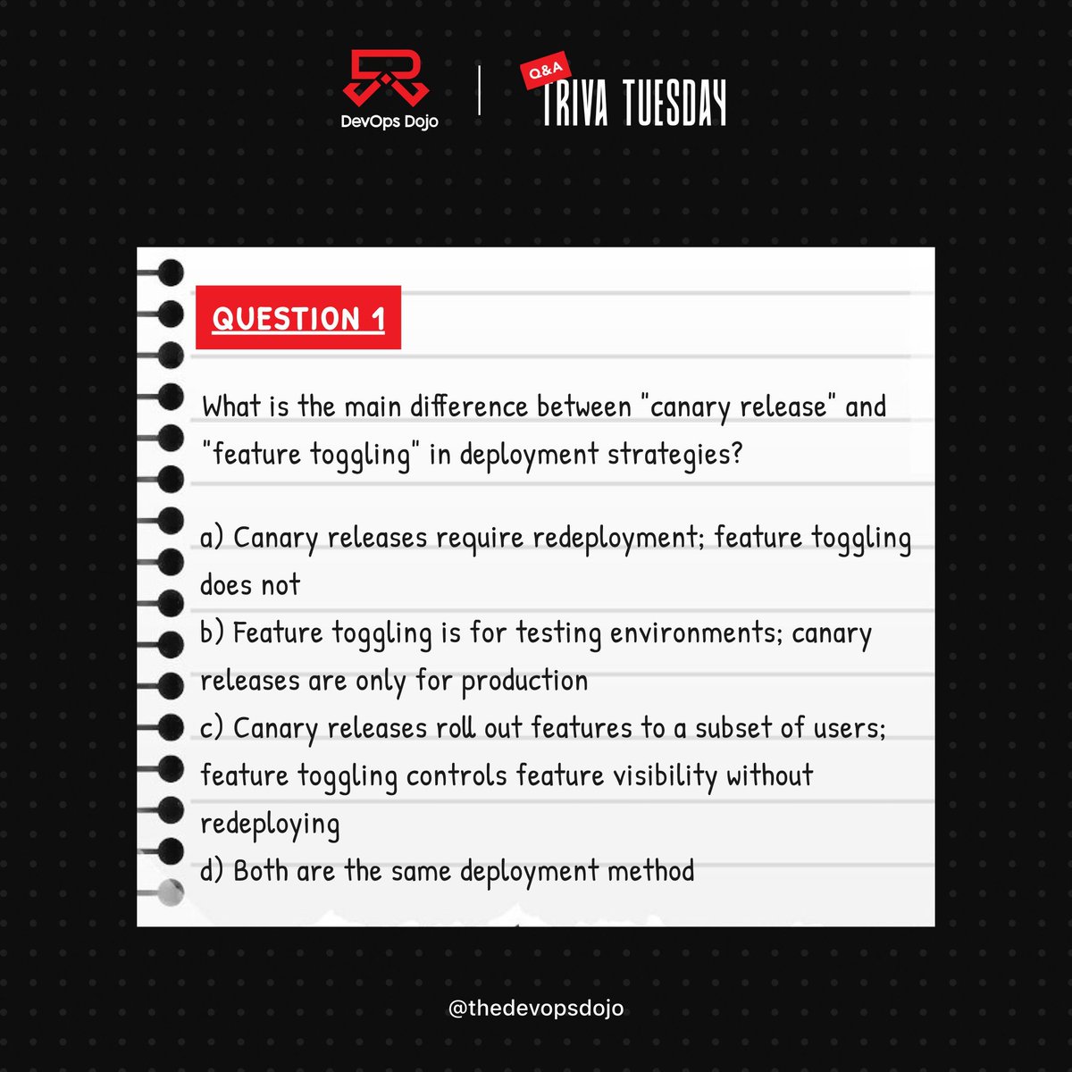 thedevopsdojo's tweet image. Test your DevOps knowledge. Today’s Trivia Tuesday question is all about deployment strategies. Drop your answer in the comments and let’s see who gets it right.

#DevOpsDojo #DevOpsTrivia #TechKnowledge #SoftwareEngineering #DeploymentStrategies #LearnDevOps #TechCommunity