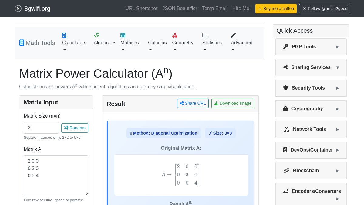 anish2good's tweet image. Calculate matrix powers efficiently with our free Matrix Power Calculator! Explore methods like repeated squaring and diagonalization, complete with step-by-step solutions. Try it now: 8gwifi.org/matrix-power-c… #Developers #DevTools 🧮