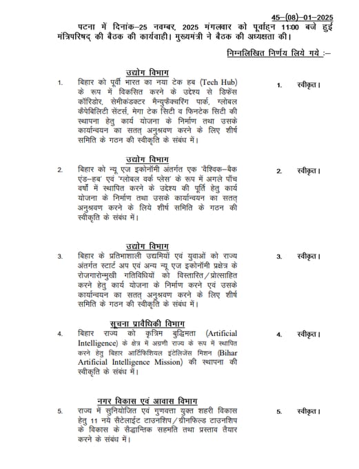 DrRanjanNishant's tweet image. Decisions of the Bihar cabinet that were approved today:-
1. Committee for developing Bihar as Eastern India&apos;s &quot;Tech Hub&quot;
2. Committee for making Bihar a New Age Economy which includes &quot;Global Back-end hub&quot; and &quot;Global work place&quot;
3. Committee for startup and employment…
