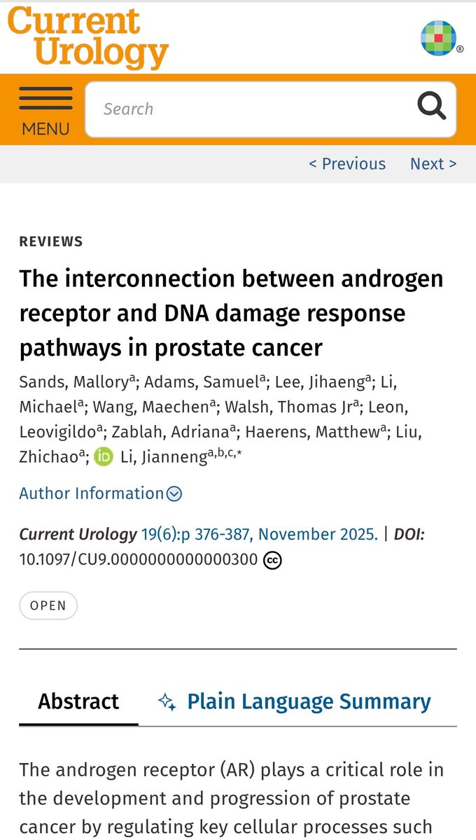 Current_Urology's tweet photo. 🔬 Hot off the press! Our new review in @CurrentUrology breaks down how the androgen receptor & DNA damage response "talk" to each other in #ProstateCancer—and why the conversation matters for your next Rx. PARP + AR combos, HRD vs HR-proficient, resistance loops, biomarkers on the horizon. Read it, share it, cure it! 👉 https://t.co/qNamUa7G5Q #pcsm #PrecisionOnco #PARPi