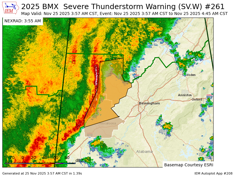 BMX issues Severe Thunderstorm Warning [wind: 60 MPH (RADAR INDICATED), hail: <.75 IN (RADAR INDICATED)] for Fayette, Tuscaloosa, Walker, Winston [AL] till 4:45 AM CST mesonet.agron.iastate.edu/vtec/f/2025-O-…
