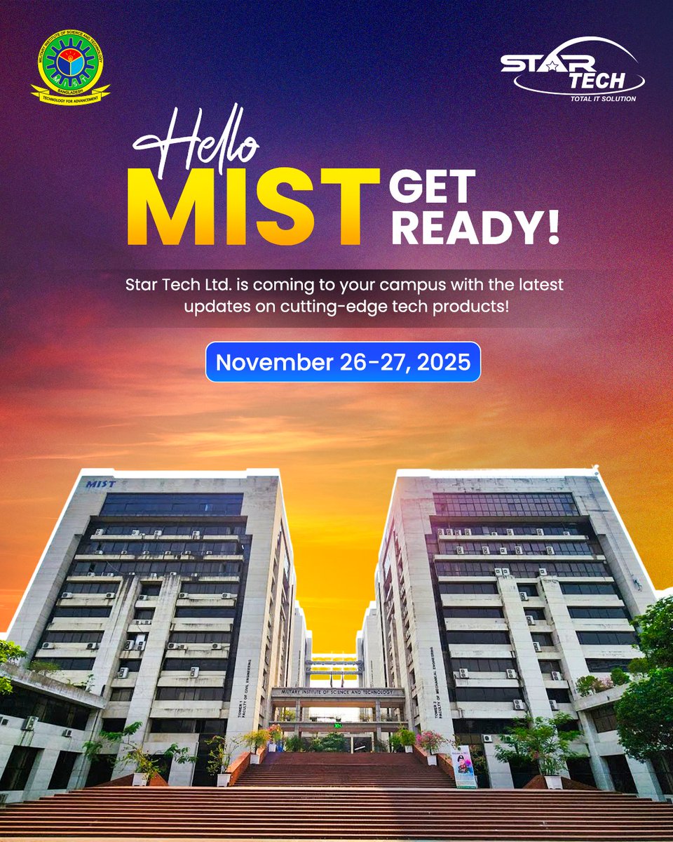 startechbd's tweet image. Star Tech Ltd. is coming to your campus with the latest updates on cutting-edge tech products!

📅 Join us on November 26th &amp;amp; 27th at the MIST Campus

✨ Explore the newest gadgets
🎮 Feel the Valorant Gaming Battle vibes
📡 Experience blazing-fast Starlink connectivity