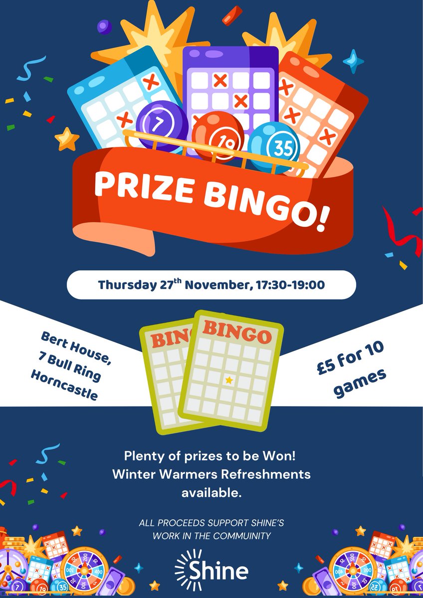 Shine_Lincoln's tweet image. Are you joining us for Prize Bingo on Thursday? 🎱🎉
Fun, prizes &amp;amp; festive vibes at Bert House, just £5 for 10 games! 

#ShineLincolnshire #PrizeBingo #CommunityFun