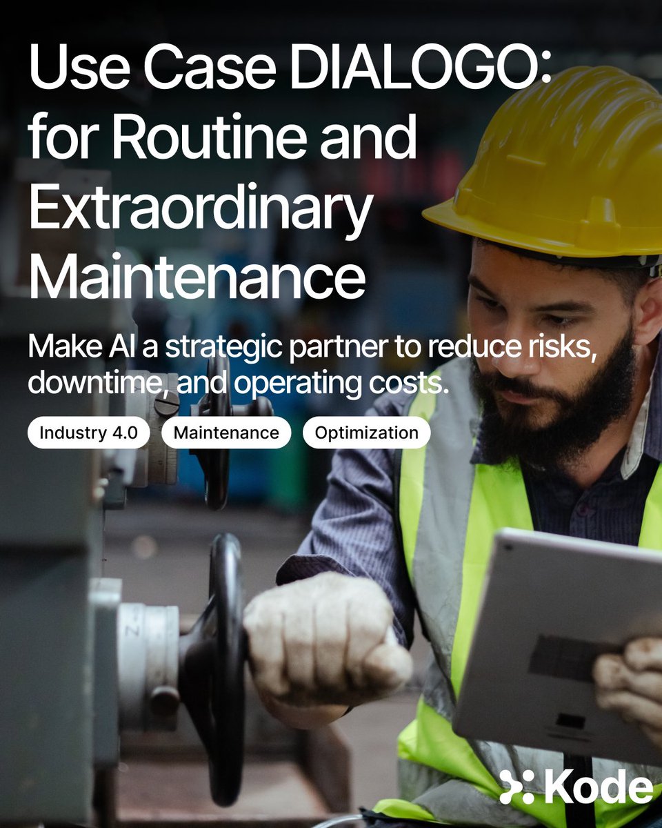 kode_solutions's tweet image. Use Case: A maintenance manager must keep production running across many complex machines. With DIALOGO teams query manuals in natural language and create charts to improve planning, speed up tasks, and reduce downtime. More: kode-solutions.net/ai-products-so…
#industry40 #AI #maintenance