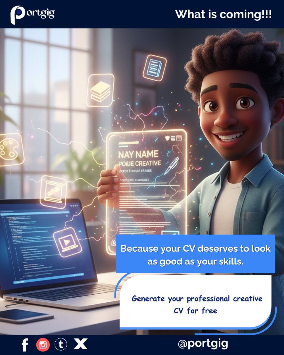 Portgigcom's tweet image. Your skills are top tier your CV should be too.
We’re building a tool that lets creatives generate a clean, professional CV in seconds… for FREE. 

No stress. No design struggle.
Just a CV that actually represents your talent.