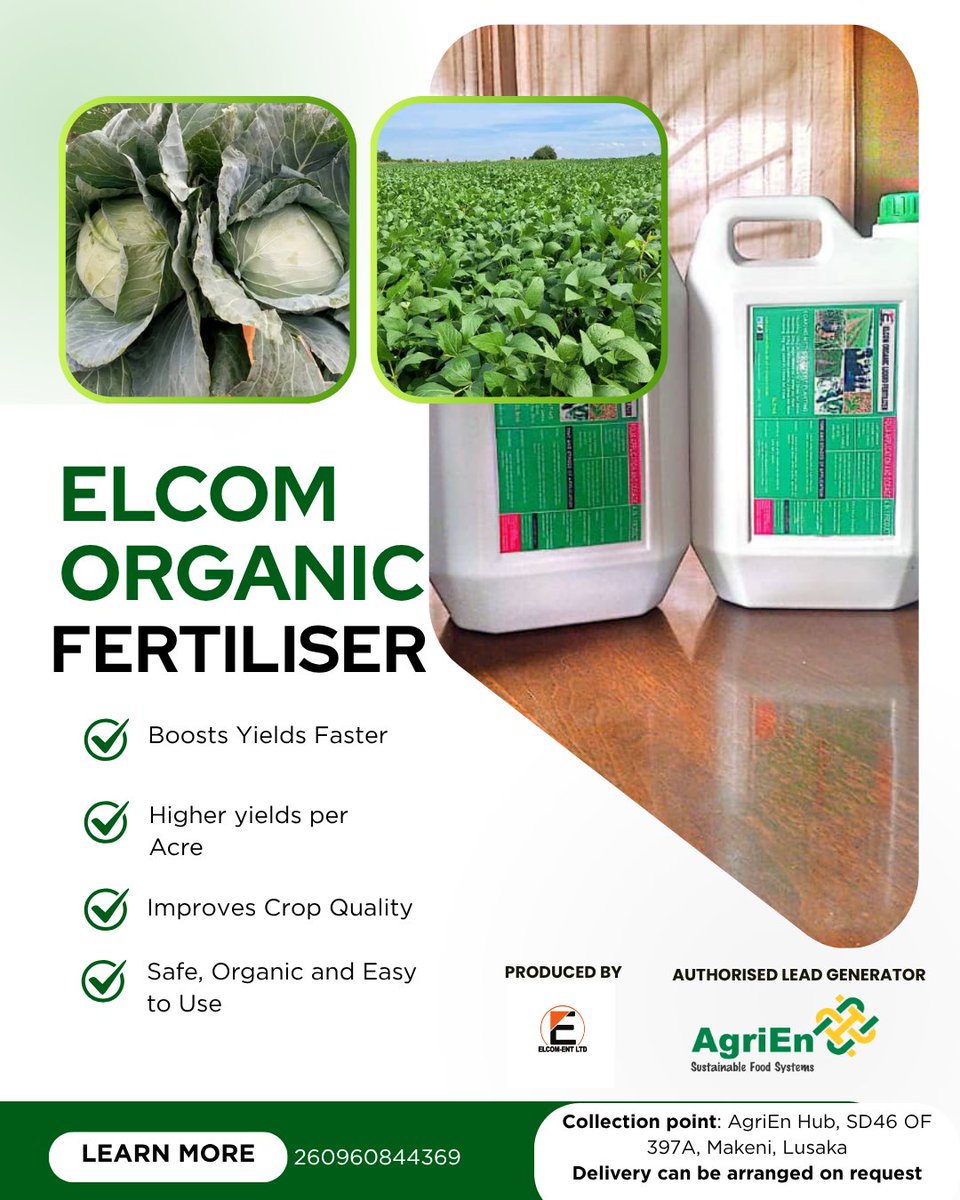 This farming season, choose a fertiliser that does more.
ELCOm feeds crops, protects fields, and restores soil - all in one.
Boosts yields l Works on all crops l Pest control + inoculant
5l K700 l 1 L K170
📍AgriEn Hu , Makeni I 0960844369