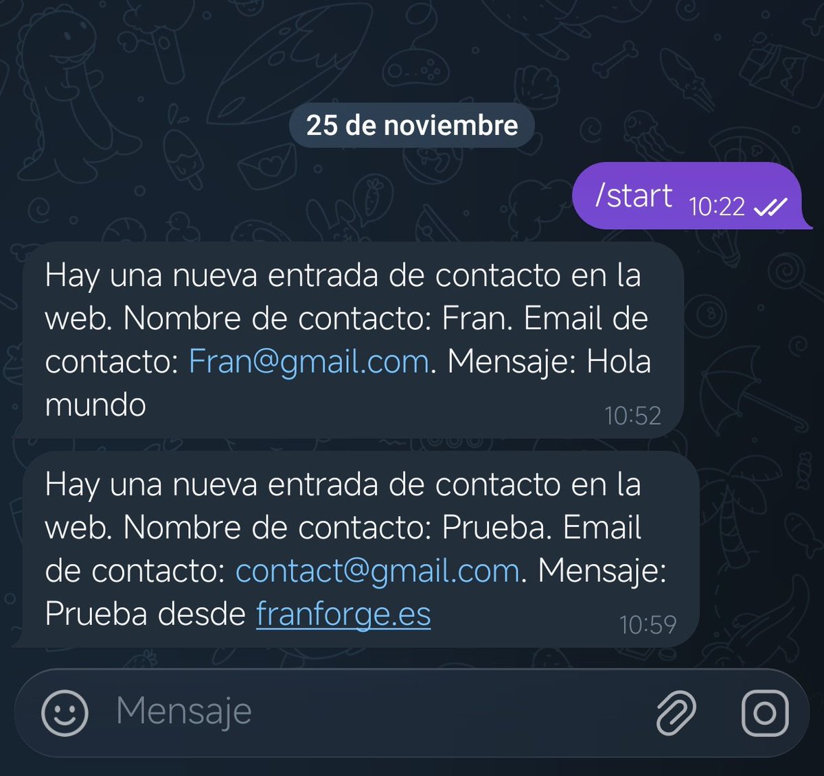 FranForge's tweet image. Es una tontería pero me hace ilusión, acabo de crear un bot en telegram conectado a mi API de .NET Core para enviar los formularios de la web a este🫣😁

#WebDevelopment #netcode