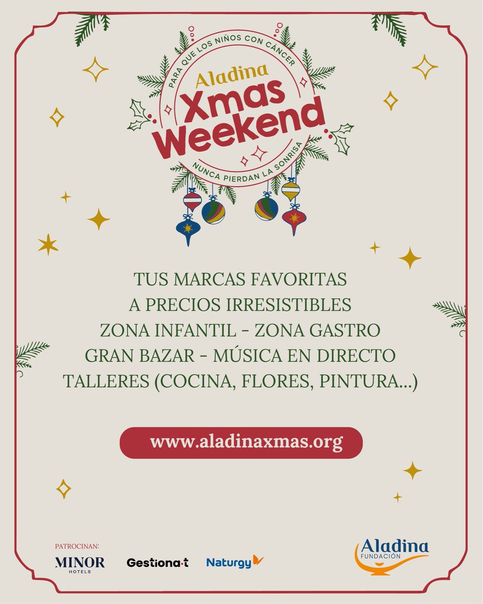 Este próximo fin de semana, 29 y 30 de noviembre vuelve el #xmasweekend de la <a href="/FundAladina/">Fundación Aladina</a> , os esperamos a todos para que los niños con cáncer nunca pierdan la sonrisa #vivirviviendoconbuenpie