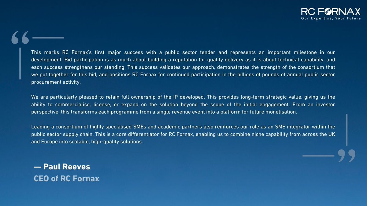 🤝 (1/2) #RCFX has secured a new UK public sector space client via a competitive tender process. The initial contract is a major milestone for the company, and leading a consortium of UK and European SMEs reinforces its role as a key #SME integrator ➡️ tinyurl.com/bdcznjnj