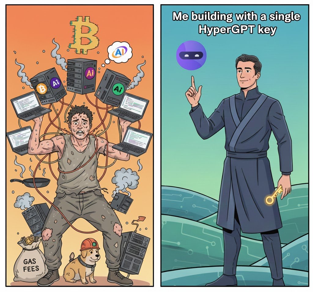 hypergpt's tweet image. Me trying to manage 5 competing AI APIs 

vs. 

Me building with a single HyperGPT key. 

Stop the API juggling! 🧤

#MemeOfTheDay #BuilderLife #HyperGPT $HGPT