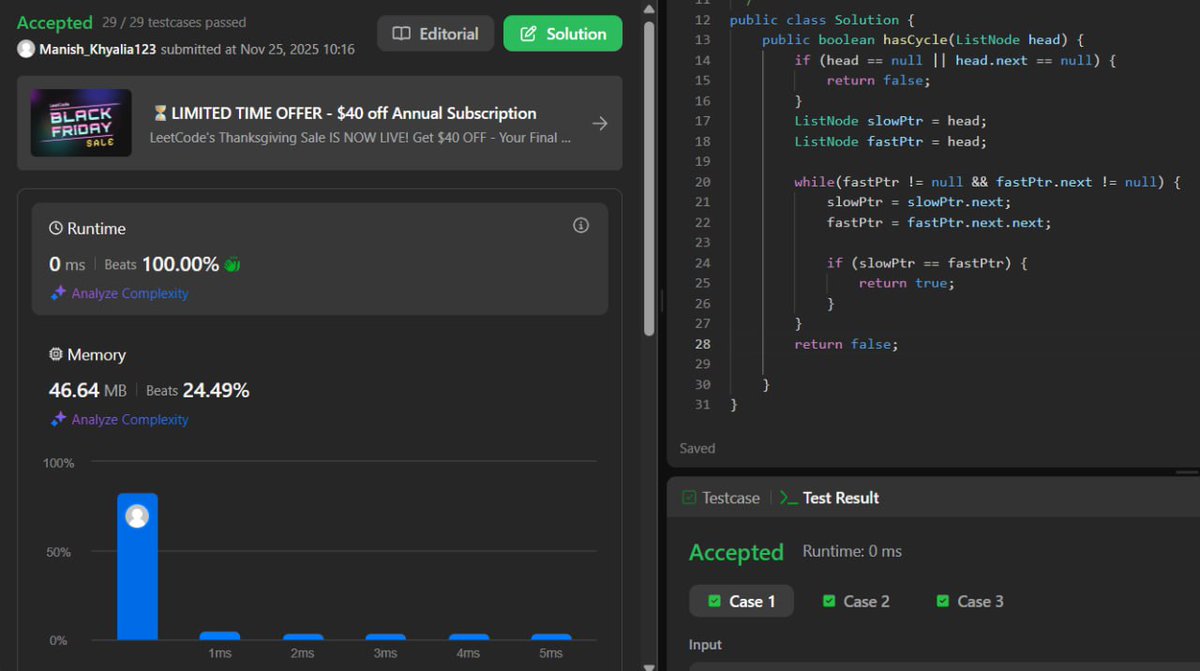 Manish_Kumar60's tweet image. Solved LeetCode 141 today! 
Used the fast &amp;amp; slow pointer technique to detect a cycle in a linked list.
If the two pointers ever meet — cycle found.
#leetcode #dsa #linkedlist #twopointers